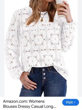 Women’s White Crochet Floral Long-Sleeve Blouse